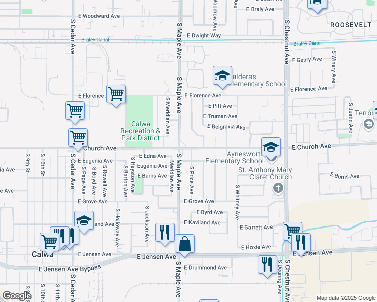map of restaurants, bars, coffee shops, grocery stores, and more near 4618 East Church Avenue in Fresno