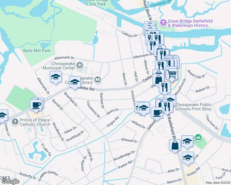 map of restaurants, bars, coffee shops, grocery stores, and more near 225 Cedar Rd in Chesapeake