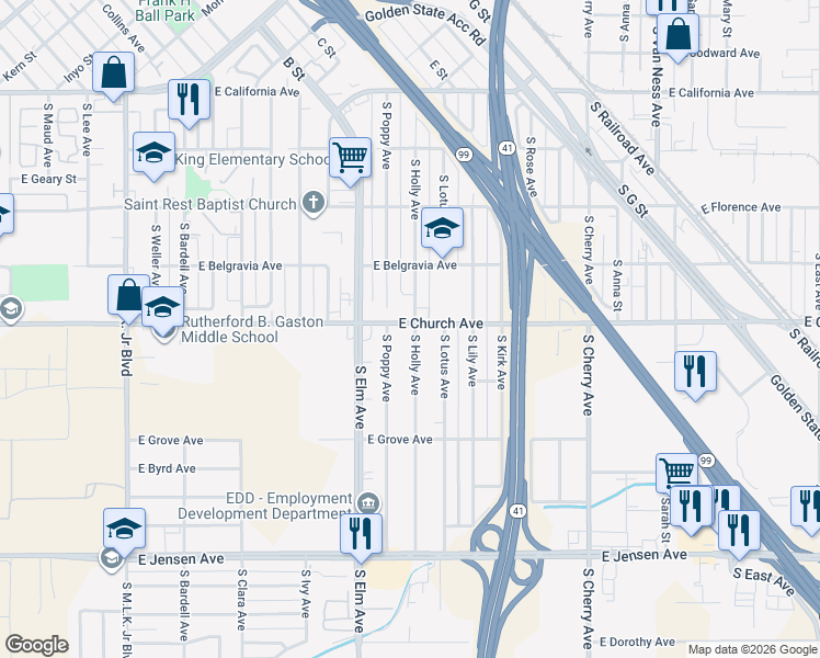 map of restaurants, bars, coffee shops, grocery stores, and more near 2400 South Holly Avenue in Fresno
