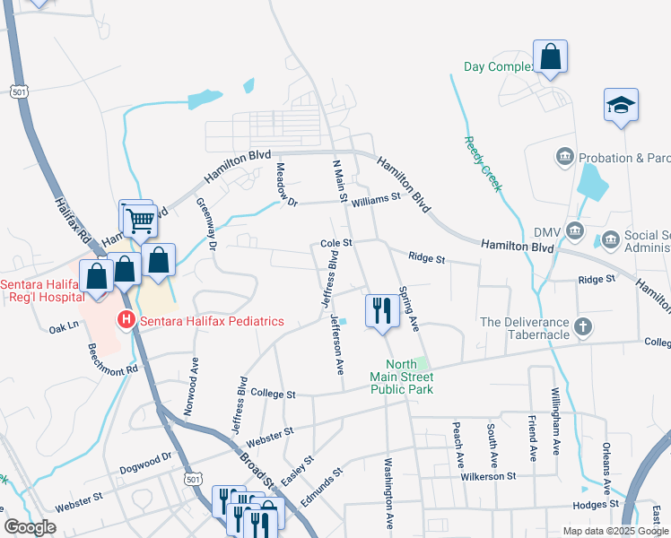 map of restaurants, bars, coffee shops, grocery stores, and more near 2201 Jeffress Boulevard in South Boston
