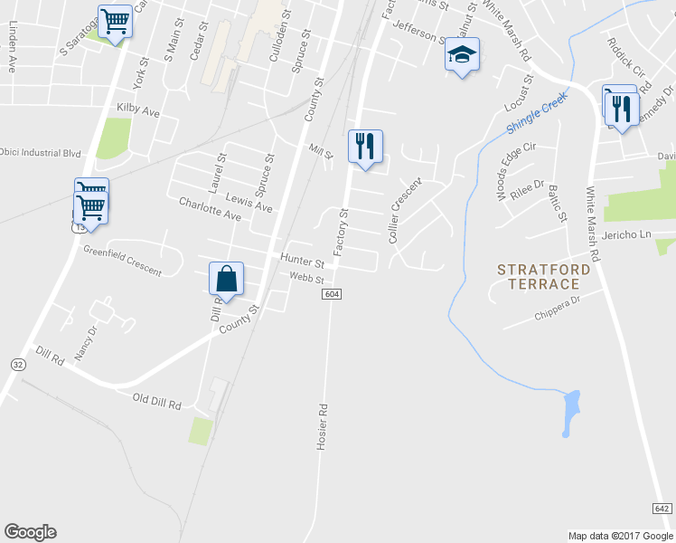 map of restaurants, bars, coffee shops, grocery stores, and more near 726 Hosier Road in Suffolk