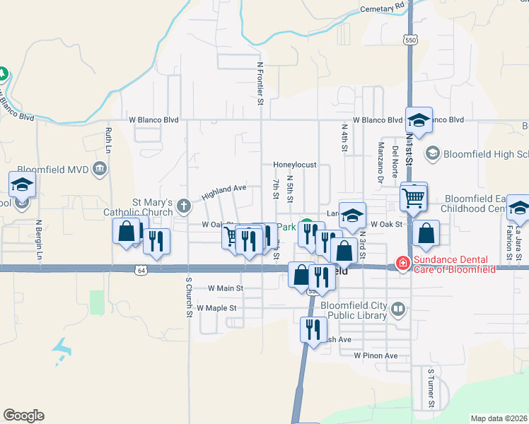map of restaurants, bars, coffee shops, grocery stores, and more near 316 N Frontier St in Bloomfield