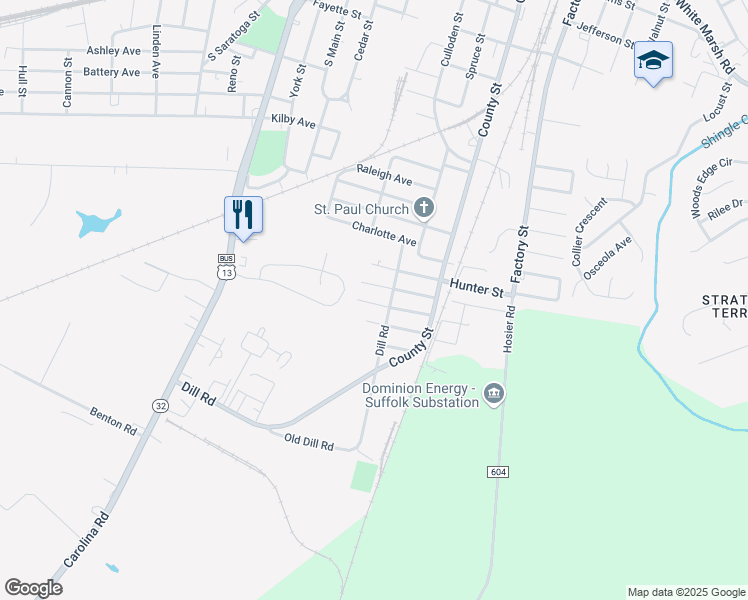 map of restaurants, bars, coffee shops, grocery stores, and more near 210 Baker Street in Suffolk