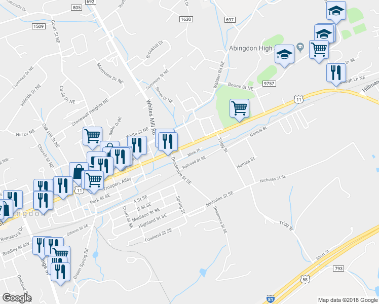 map of restaurants, bars, coffee shops, grocery stores, and more near 432 East Main Street in Abingdon