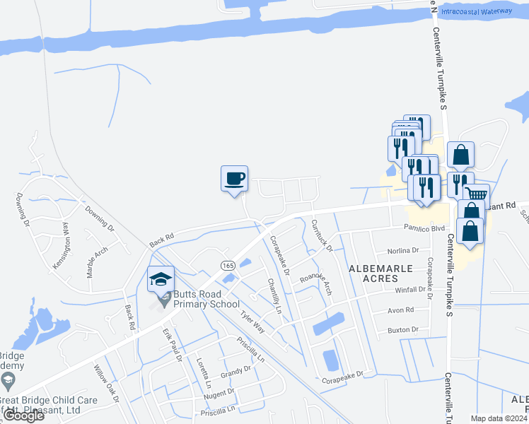 map of restaurants, bars, coffee shops, grocery stores, and more near 328 Langton Road in Chesapeake