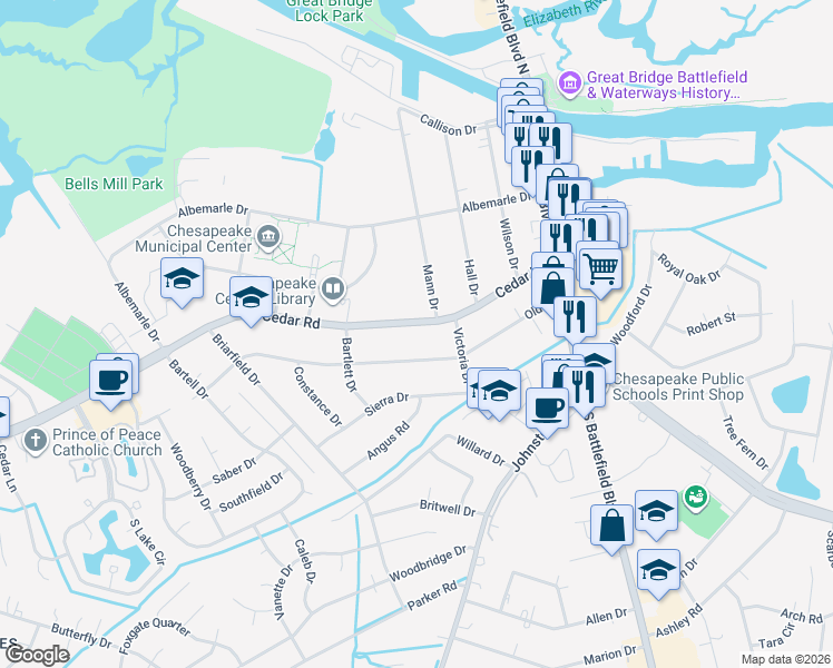 map of restaurants, bars, coffee shops, grocery stores, and more near 225 Cedar Road in Chesapeake