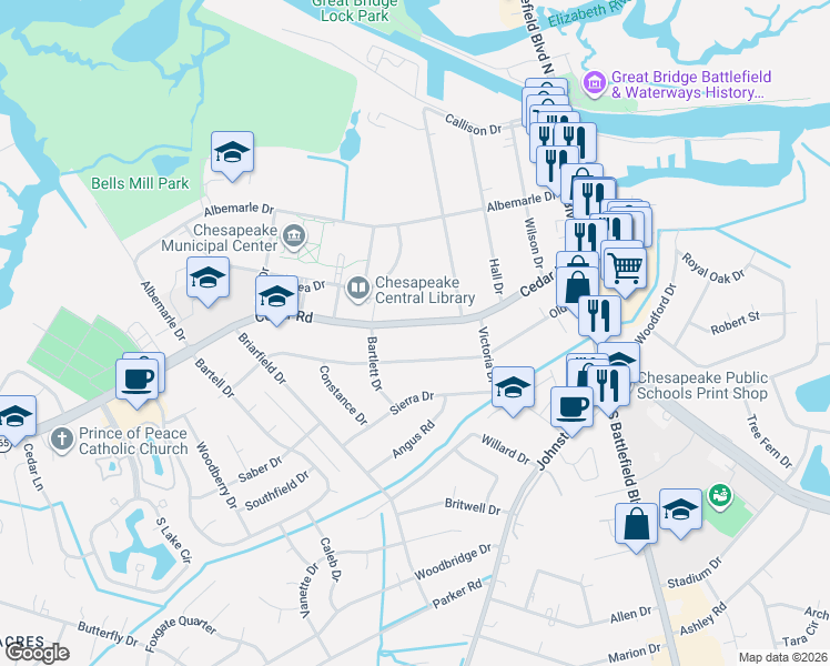 map of restaurants, bars, coffee shops, grocery stores, and more near 225 Cedar Road in Chesapeake