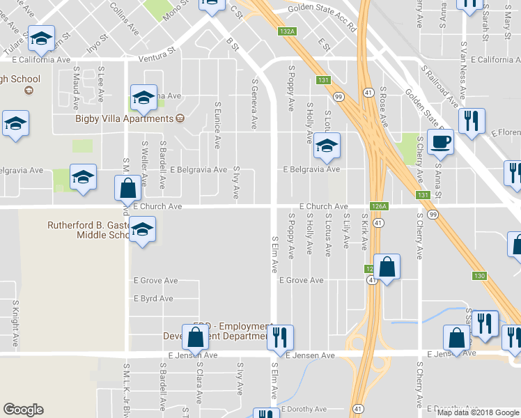 map of restaurants, bars, coffee shops, grocery stores, and more near 1640 East Church Avenue in Fresno