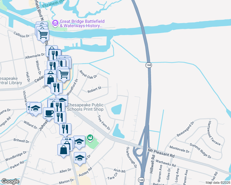 map of restaurants, bars, coffee shops, grocery stores, and more near 328 White Dogwood Drive in Chesapeake