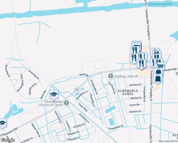map of restaurants, bars, coffee shops, grocery stores, and more near 328 Langton Road in Chesapeake