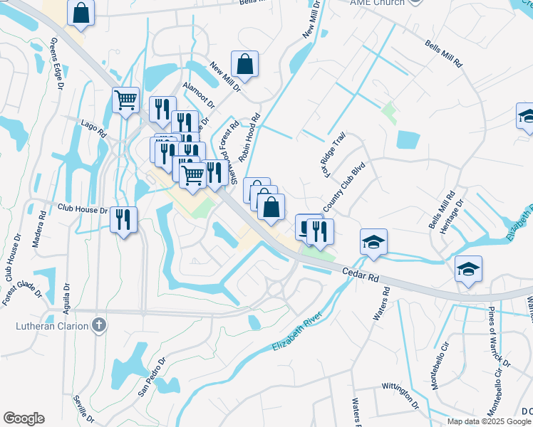 map of restaurants, bars, coffee shops, grocery stores, and more near 1008 Fallcreek Run in Chesapeake