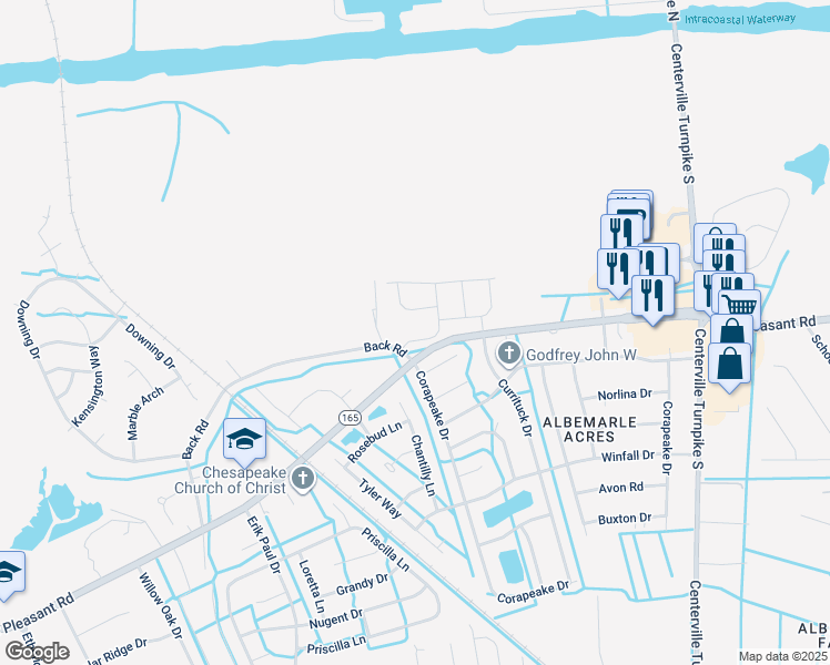 map of restaurants, bars, coffee shops, grocery stores, and more near 324 Langton Road in Chesapeake