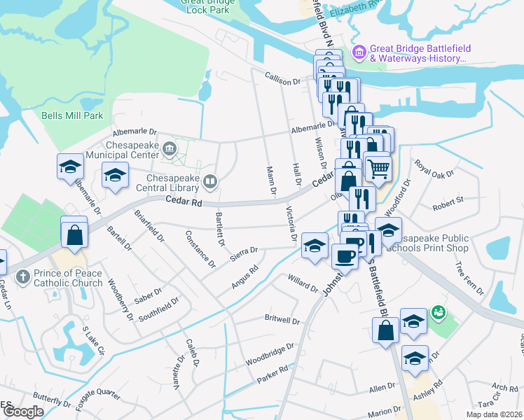 map of restaurants, bars, coffee shops, grocery stores, and more near 225 Cedar Road in Chesapeake