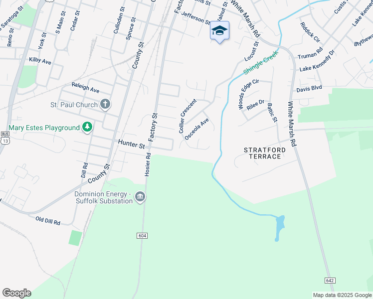 map of restaurants, bars, coffee shops, grocery stores, and more near 416 Collier Crescent in Suffolk