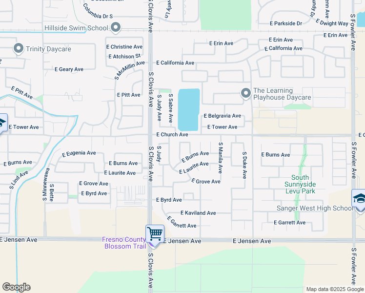 map of restaurants, bars, coffee shops, grocery stores, and more near 2425 South Preuss Avenue in Fresno