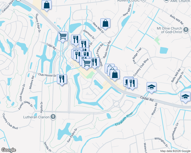 map of restaurants, bars, coffee shops, grocery stores, and more near 400 Cedar Commons Drive in Chesapeake