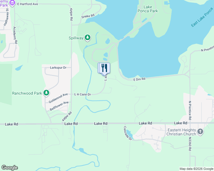 map of restaurants, bars, coffee shops, grocery stores, and more near 1141 L A Cann Drive in Ponca City