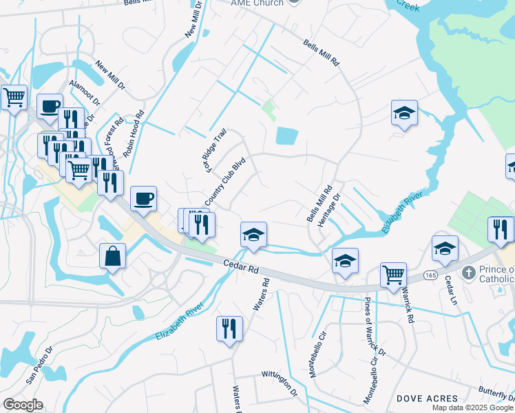 map of restaurants, bars, coffee shops, grocery stores, and more near 838 Evelyn Way in Chesapeake