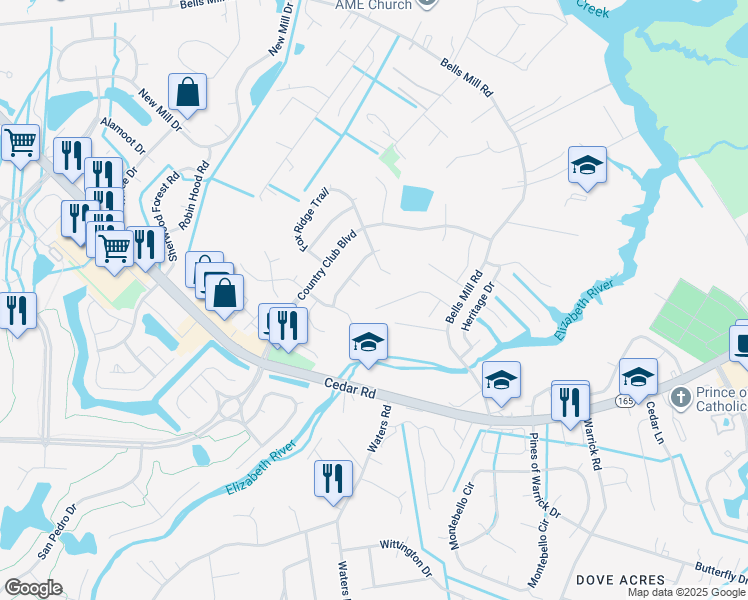 map of restaurants, bars, coffee shops, grocery stores, and more near 838 Evelyn Way in Chesapeake
