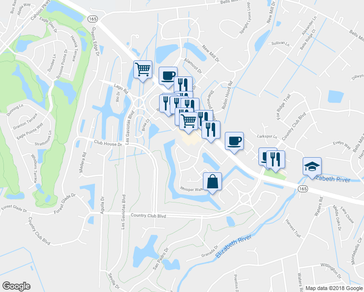 map of restaurants, bars, coffee shops, grocery stores, and more near 1225 Club Point Road in Chesapeake