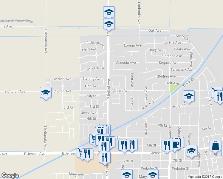 map of restaurants, bars, coffee shops, grocery stores, and more near 187 Santa Monica Avenue in Sanger