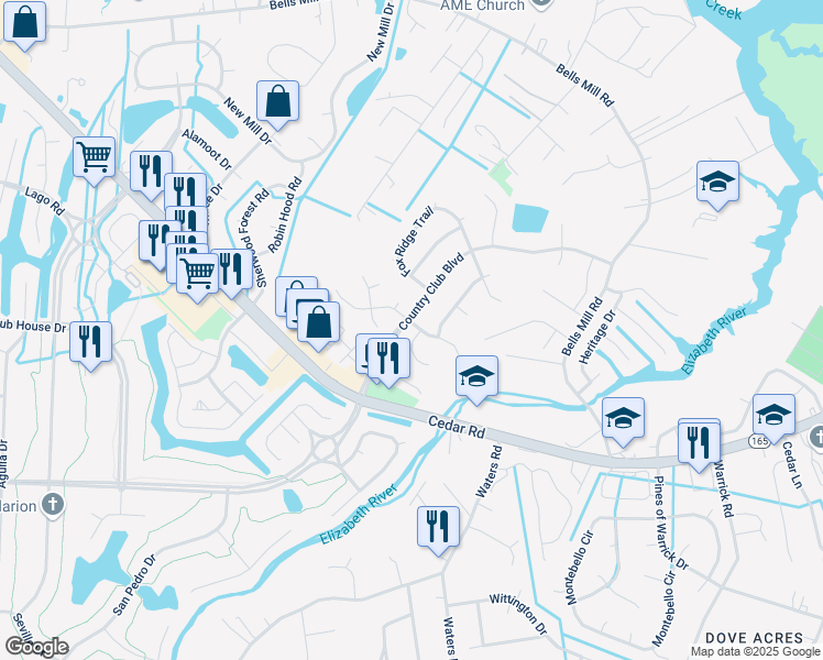 map of restaurants, bars, coffee shops, grocery stores, and more near 836 Doe Run Drive in Chesapeake