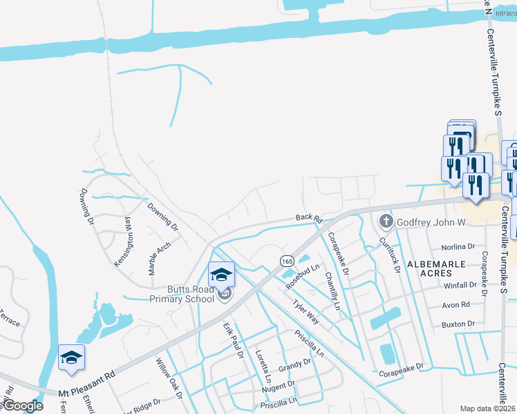 map of restaurants, bars, coffee shops, grocery stores, and more near 1200 Back Road in Chesapeake