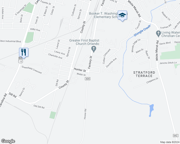 map of restaurants, bars, coffee shops, grocery stores, and more near 726 Hosier Road in Suffolk