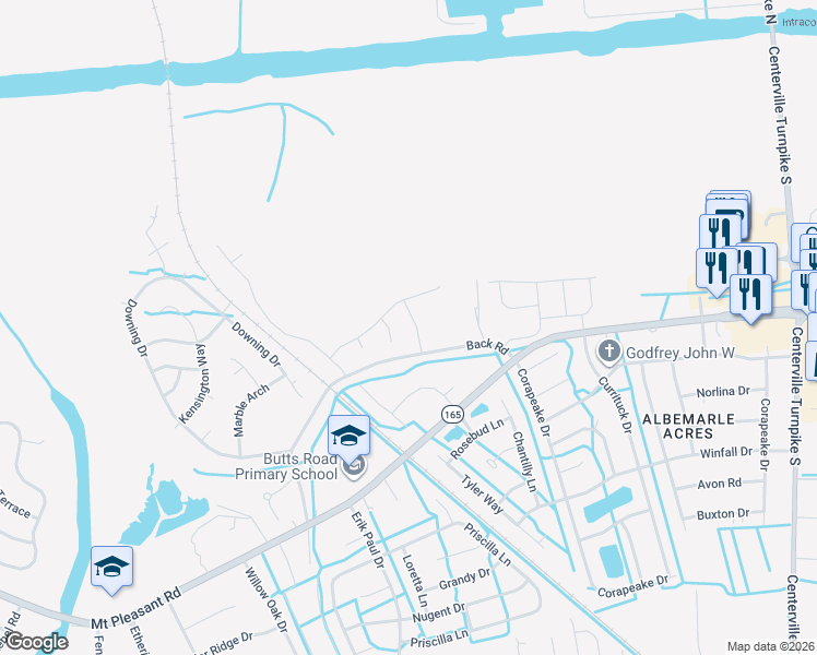 map of restaurants, bars, coffee shops, grocery stores, and more near 1200 Back Road in Chesapeake