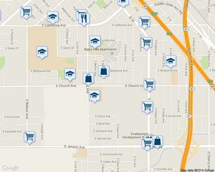 map of restaurants, bars, coffee shops, grocery stores, and more near 1120 East Church Avenue in Fresno