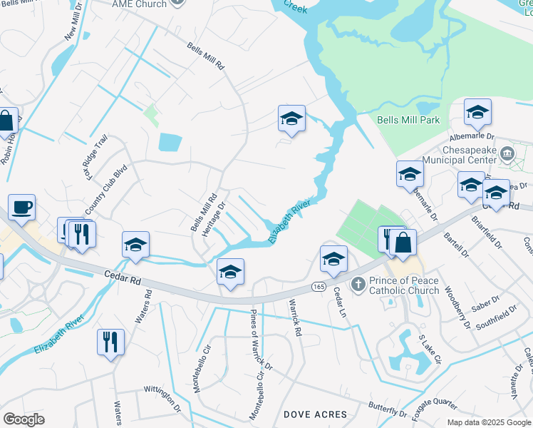 map of restaurants, bars, coffee shops, grocery stores, and more near 805 Hidden Harbor Court in Chesapeake