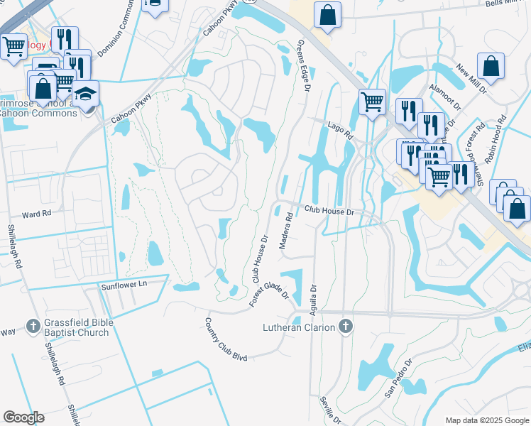 map of restaurants, bars, coffee shops, grocery stores, and more near 1306 Club House Drive in Chesapeake