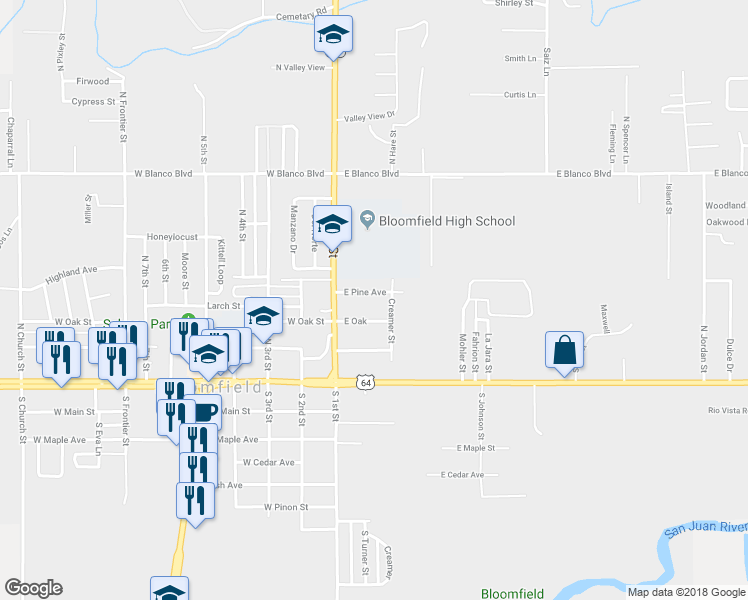 map of restaurants, bars, coffee shops, grocery stores, and more near 125 East Pine Avenue in Bloomfield