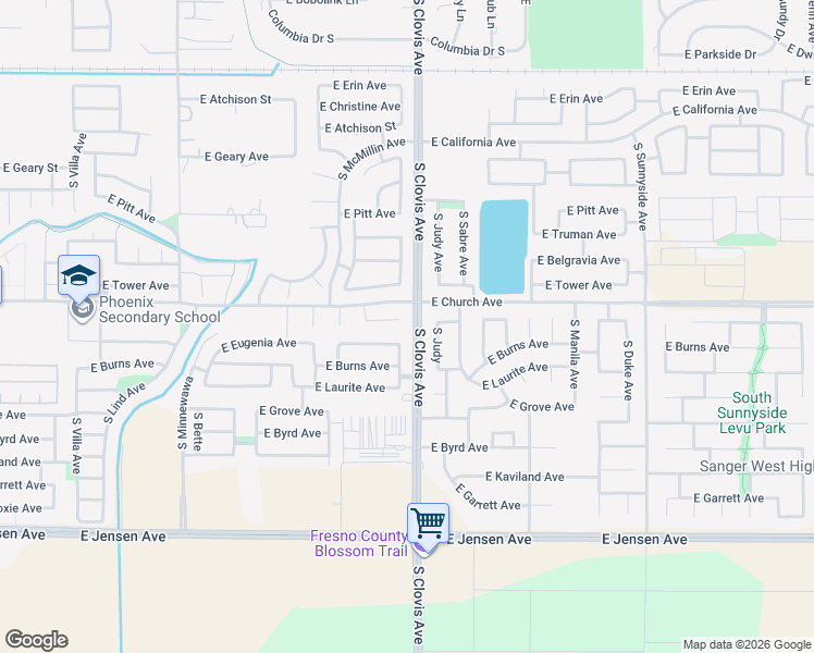 map of restaurants, bars, coffee shops, grocery stores, and more near 5590 East Edna Avenue in Fresno