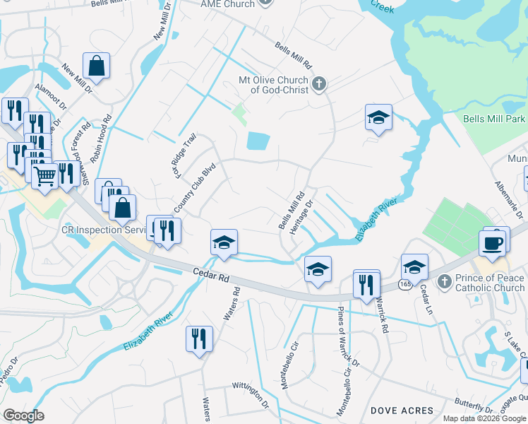 map of restaurants, bars, coffee shops, grocery stores, and more near 823 Evelyn Way in Chesapeake