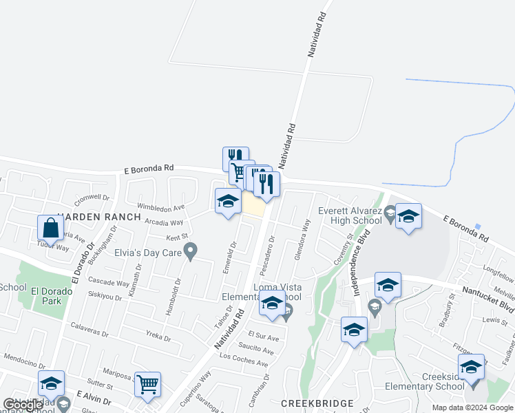 map of restaurants, bars, coffee shops, grocery stores, and more near 1921 Natividad Road in Salinas