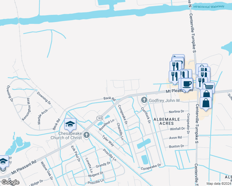 map of restaurants, bars, coffee shops, grocery stores, and more near 324 Langton Road in Chesapeake