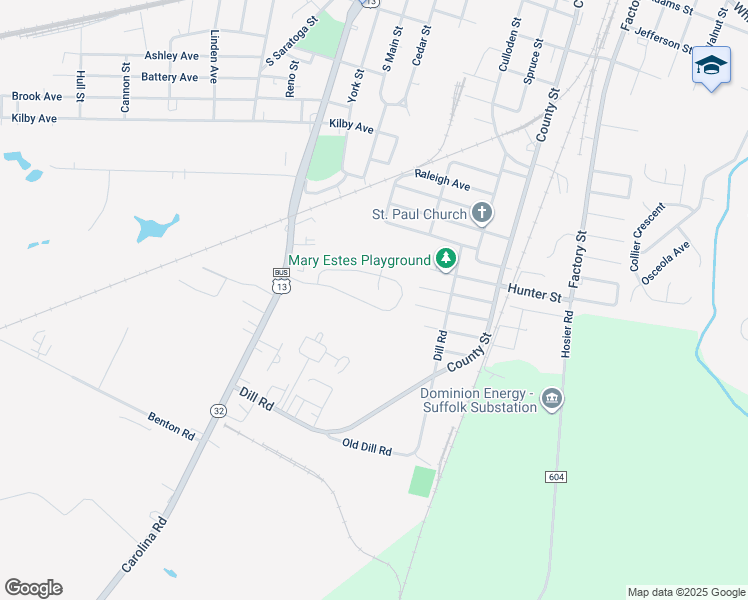 map of restaurants, bars, coffee shops, grocery stores, and more near 153 Greenfield Crescent in Suffolk