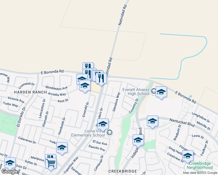 map of restaurants, bars, coffee shops, grocery stores, and more near 1924 Pescadero Drive in Salinas