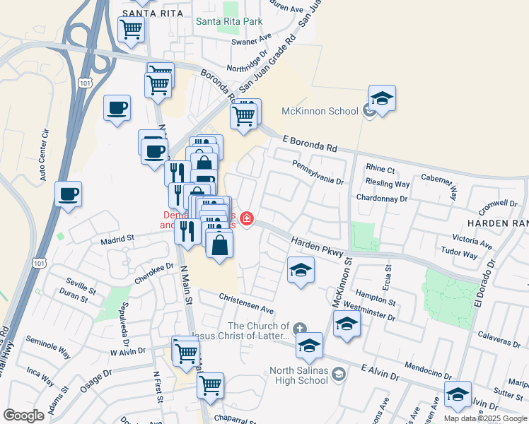 map of restaurants, bars, coffee shops, grocery stores, and more near 1765 Delancey Drive in Salinas