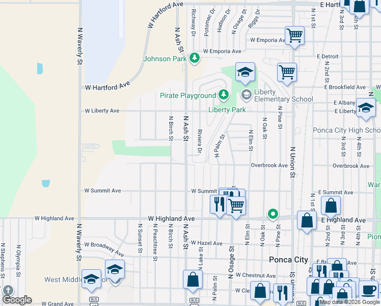 map of restaurants, bars, coffee shops, grocery stores, and more near 909 Riviera Drive in Ponca City