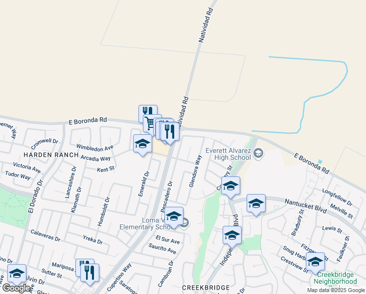 map of restaurants, bars, coffee shops, grocery stores, and more near 1924 Pescadero Drive in Salinas