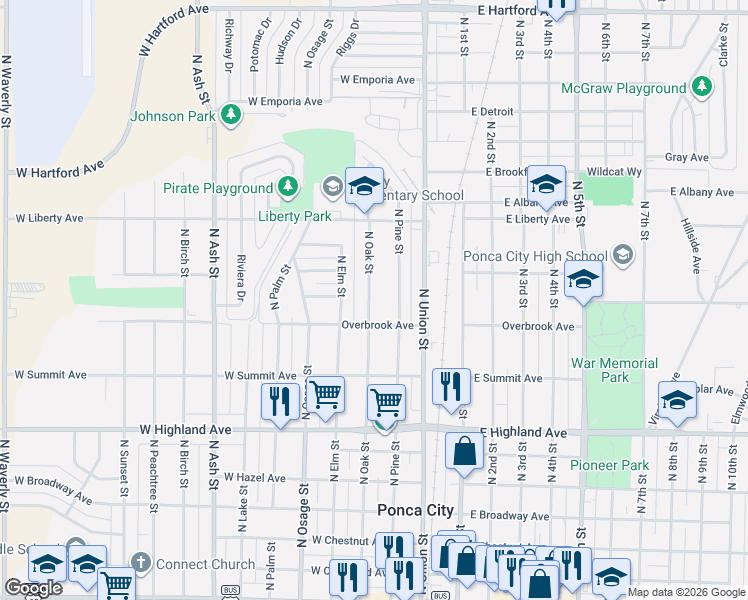 map of restaurants, bars, coffee shops, grocery stores, and more near 913 North Oak Street in Ponca City