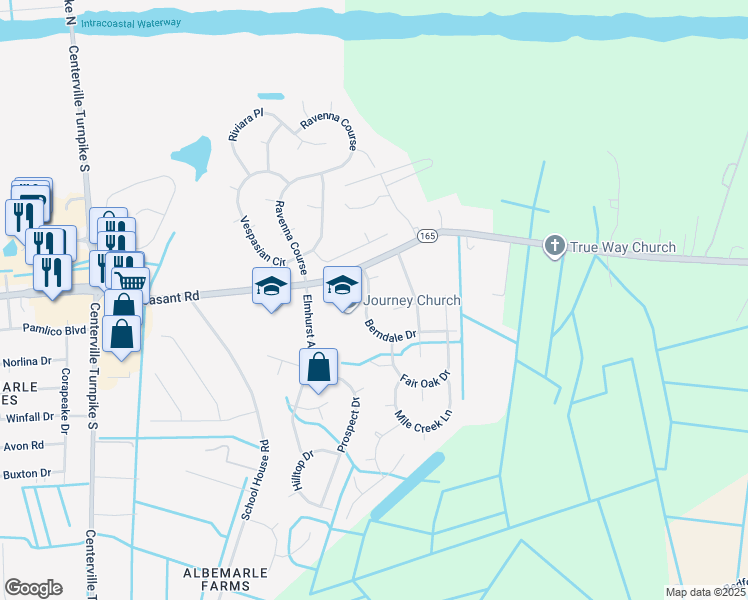 map of restaurants, bars, coffee shops, grocery stores, and more near 409 Berndale Drive in Chesapeake