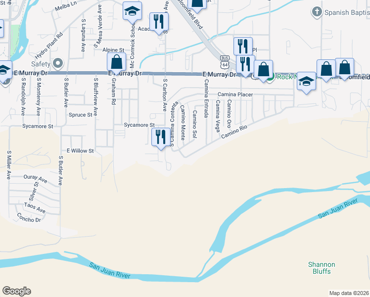 map of restaurants, bars, coffee shops, grocery stores, and more near 1605 Camino Sol in Farmington