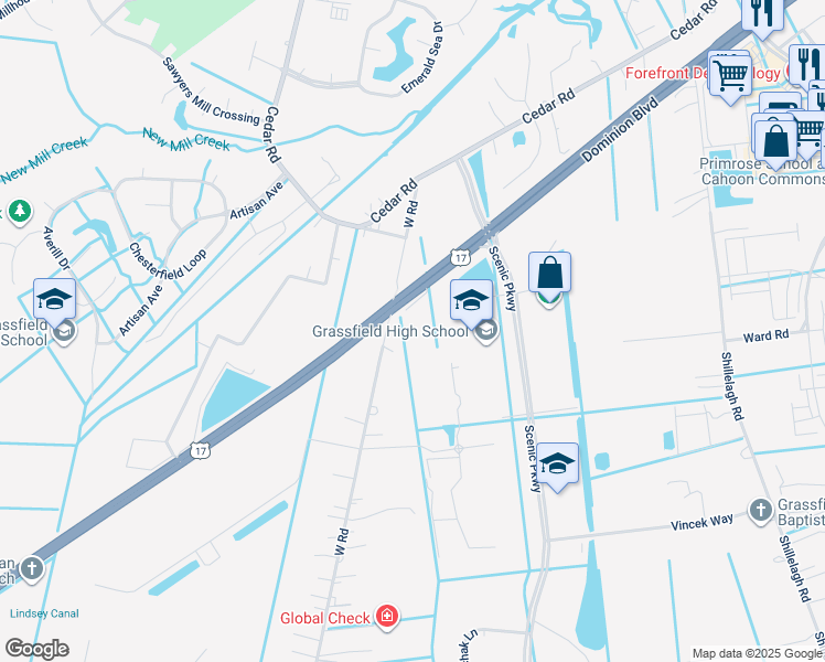 map of restaurants, bars, coffee shops, grocery stores, and more near 845 Dominion Boulevard South in Chesapeake