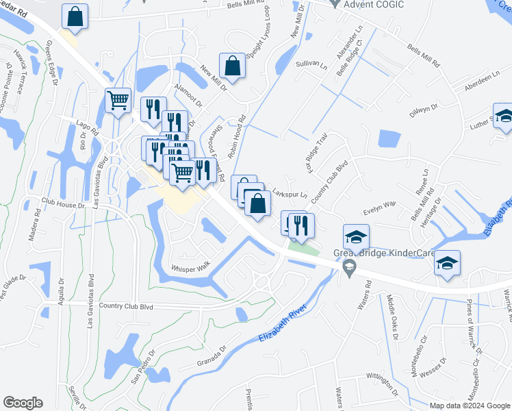 map of restaurants, bars, coffee shops, grocery stores, and more near 1005 Fallcreek Run in Chesapeake