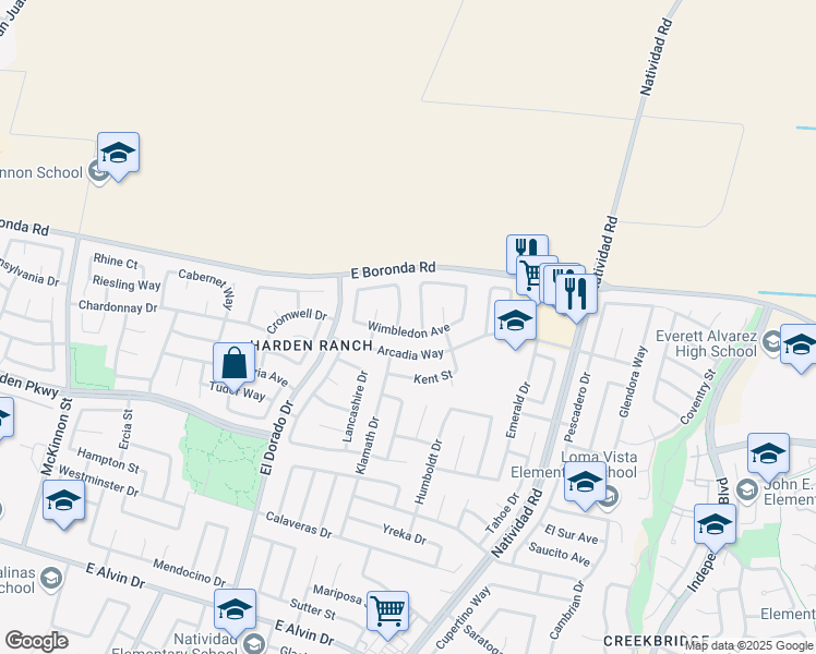 map of restaurants, bars, coffee shops, grocery stores, and more near 507 Wimbledon Avenue in Salinas