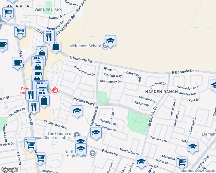 map of restaurants, bars, coffee shops, grocery stores, and more near 1880 Gamay Way in Salinas