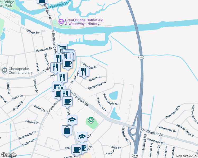 map of restaurants, bars, coffee shops, grocery stores, and more near 229 Robert Street in Chesapeake